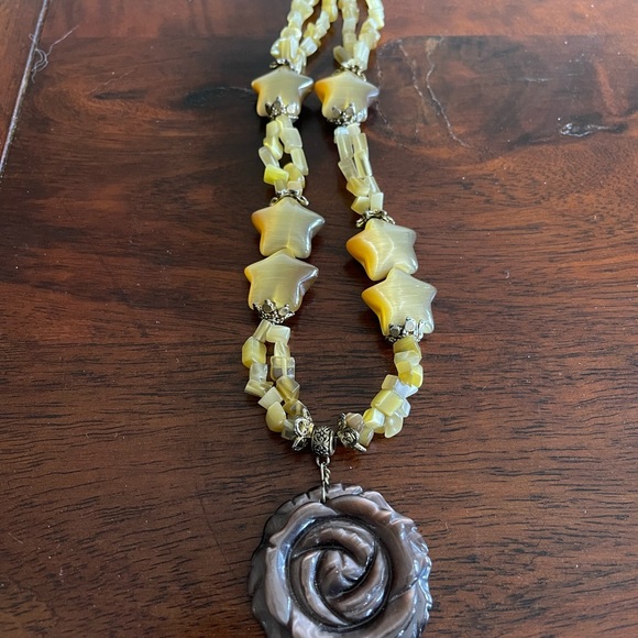 Cat eye glass beads choker stars flower brass toggle clasp yellow brown - Picture 4 of 5